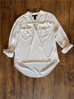 WHBM White Long Sleeve Wrap Blouse